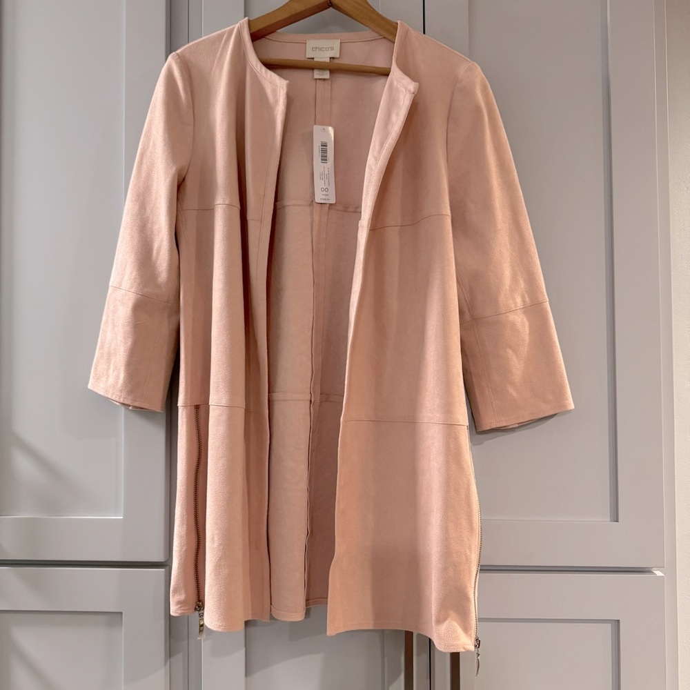 NWT Chicos Petal Pink Faux Suede Open Jacket Cardigan Side Zip Detail size 00